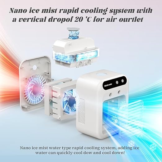 Portable air conditioner, mini USB fan, air cooler, humidifier, 2speed fan, 2 atomizing modes for home, office and outdoor use.