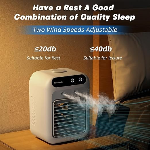 Portable air conditioner, mini USB fan, air cooler, humidifier, 2speed fan, 2 atomizing modes for home, office and outdoor use.