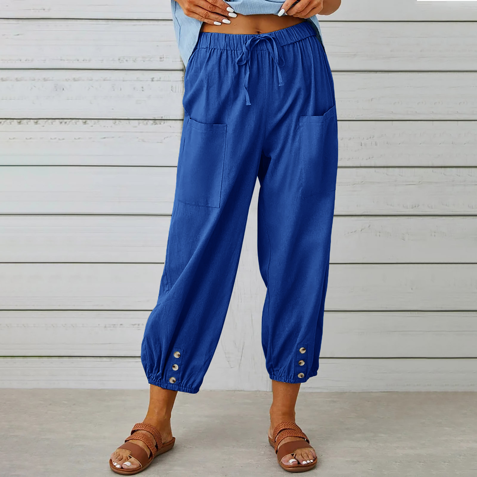 Solid Color Casual With Pocket Buttons Cotton Linen Trousers