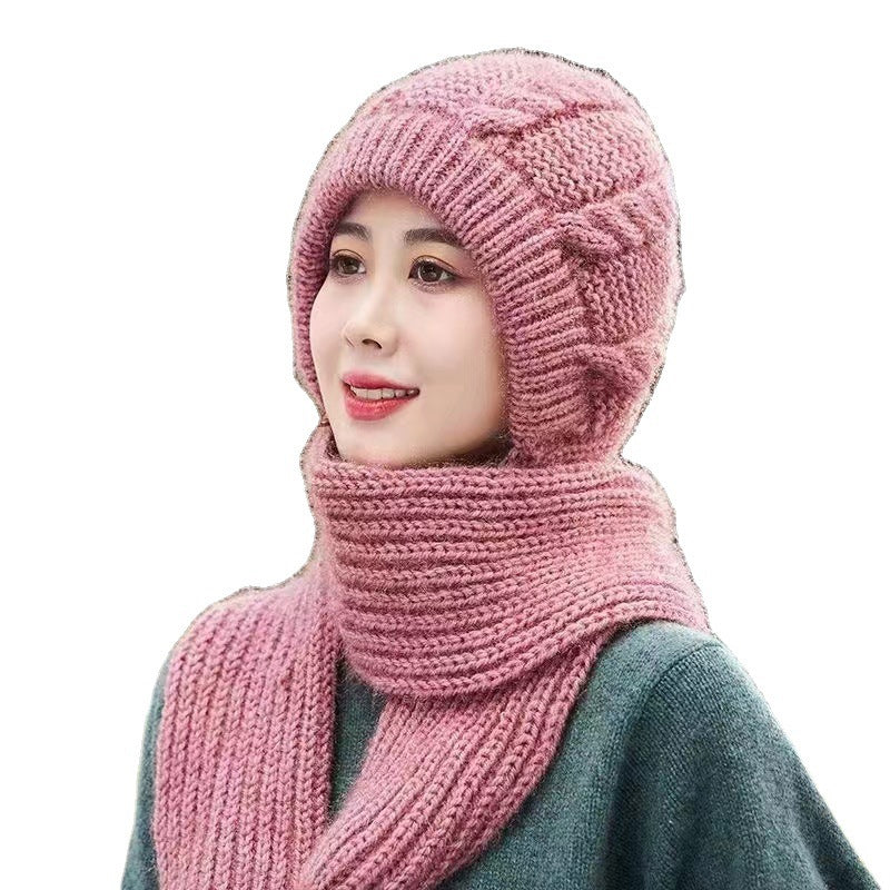 Women's thickened warm one-piece hooded scarf