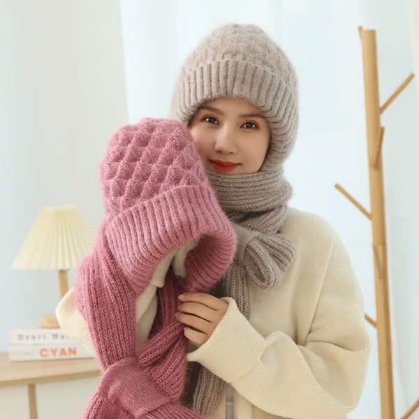 Women's thickened warm one-piece hooded scarf