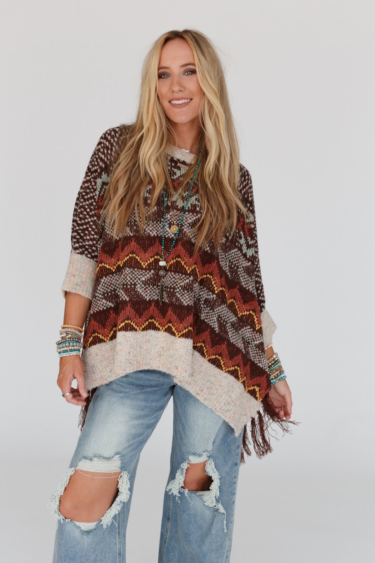 Warm Bohemian Fringe Cape - Brown