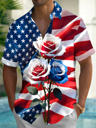 Men's Vintage Independence Day Flag Print Casual Shirt (With Pockets)