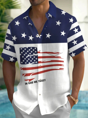 Men's Vintage Independence Day Flag Print Casual Shirt (With Pockets)