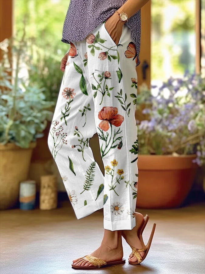 Women's Floral Print Loose-Fit Casual Pants with Pockets
