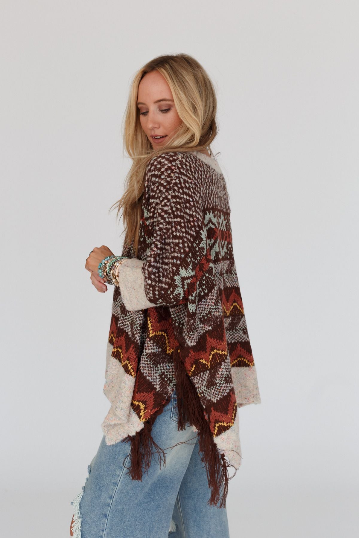 Warm Bohemian Fringe Cape - Brown