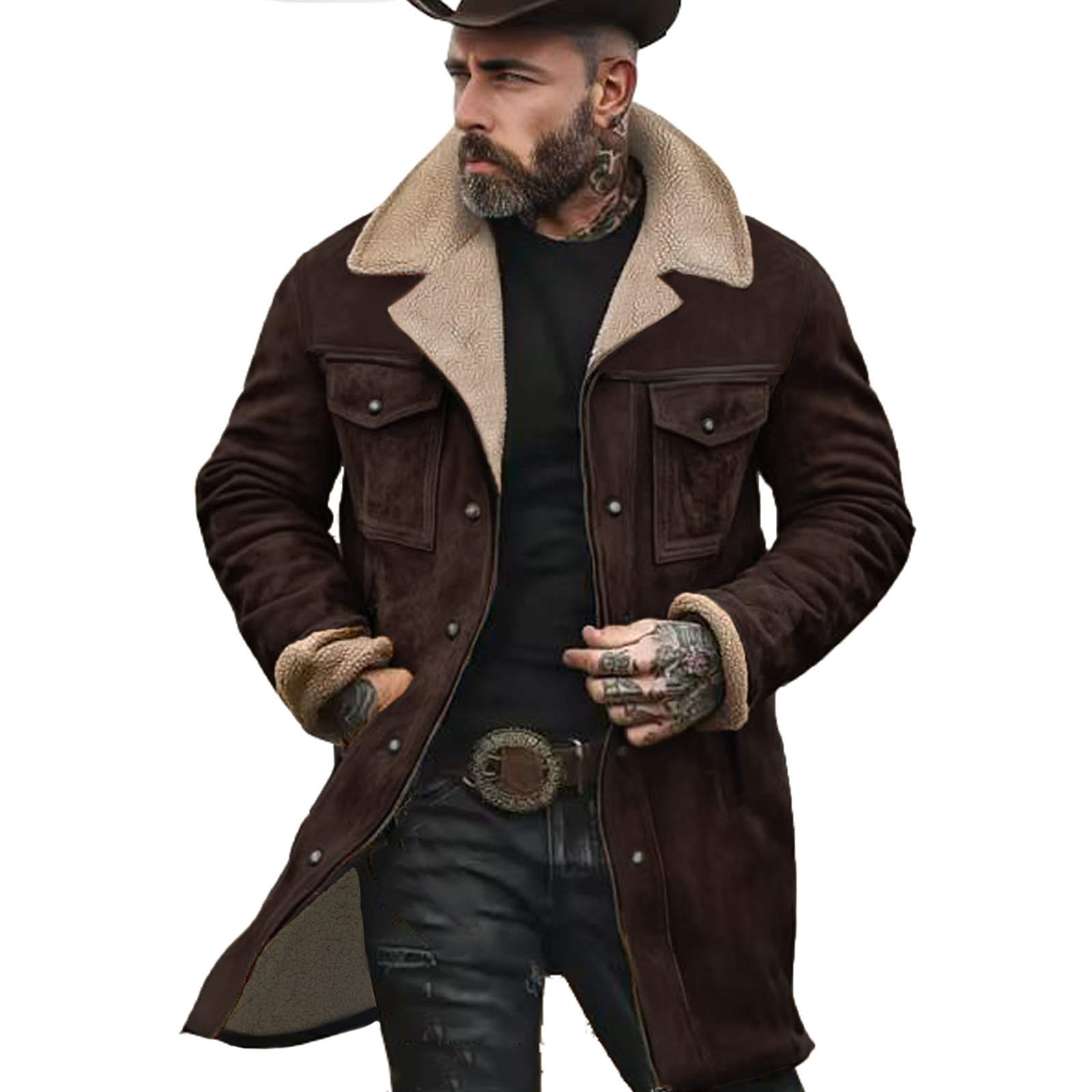 Men's Vintage Suede Patchwork Lamb Fleece Multi-Pocket Reverse Collar Outdoor Jacket Coat