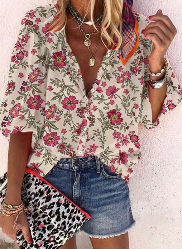 Popular fashion summer stand collar loose button retro print casual shirt