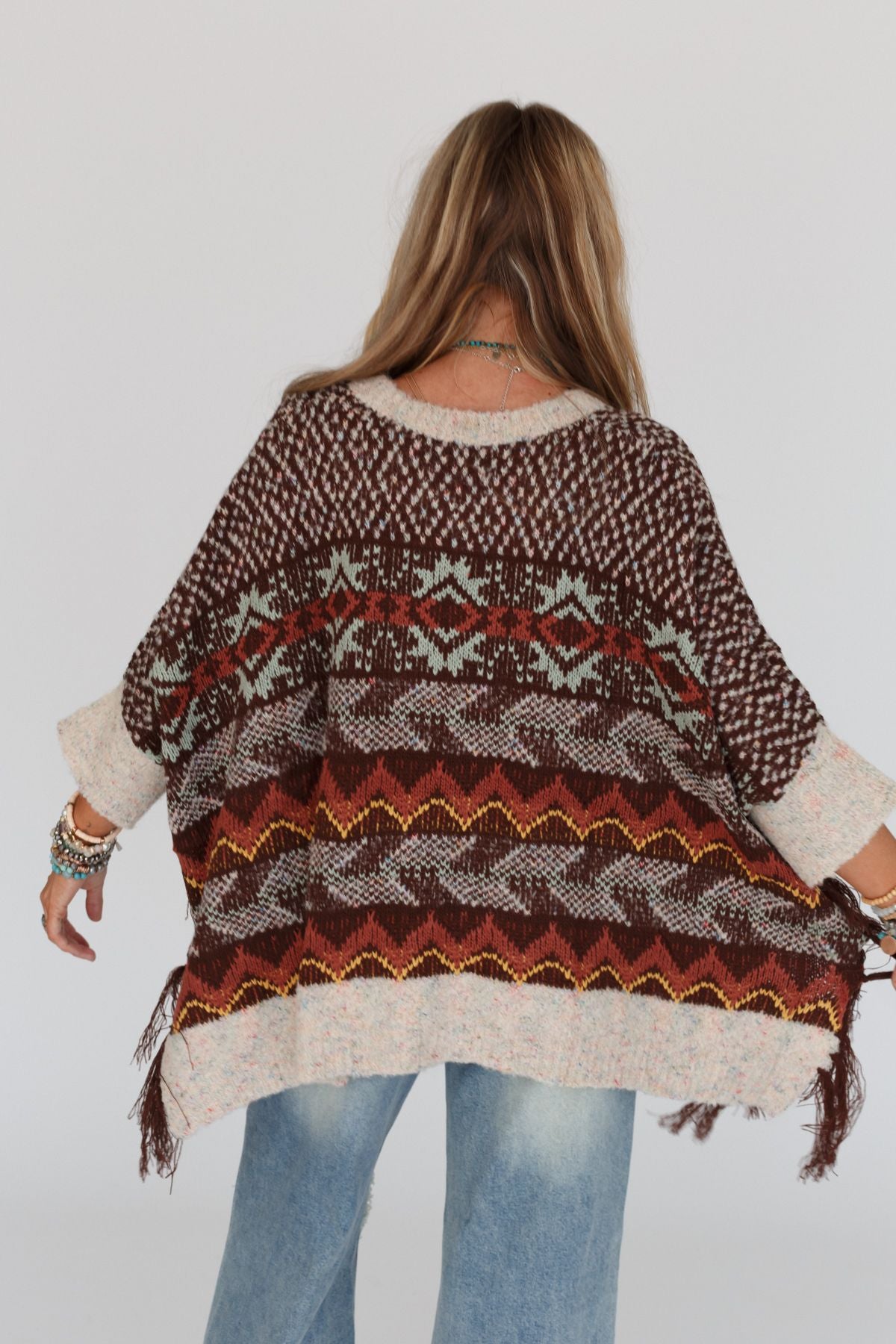 Warm Bohemian Fringe Cape - Brown