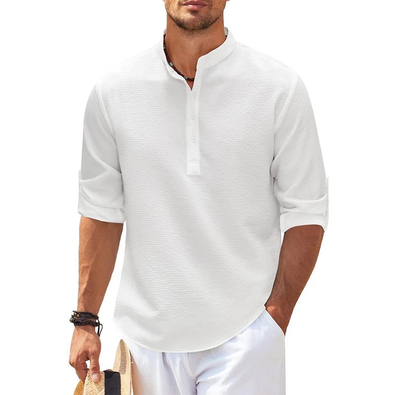 Men's Linen Henley Shirt Beach T Shirts Vertical Striped Hawaiian Shirts