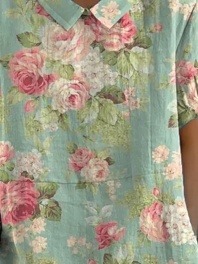 Women's Retro Floral Art Print Casual Cotton And Linen Shirt