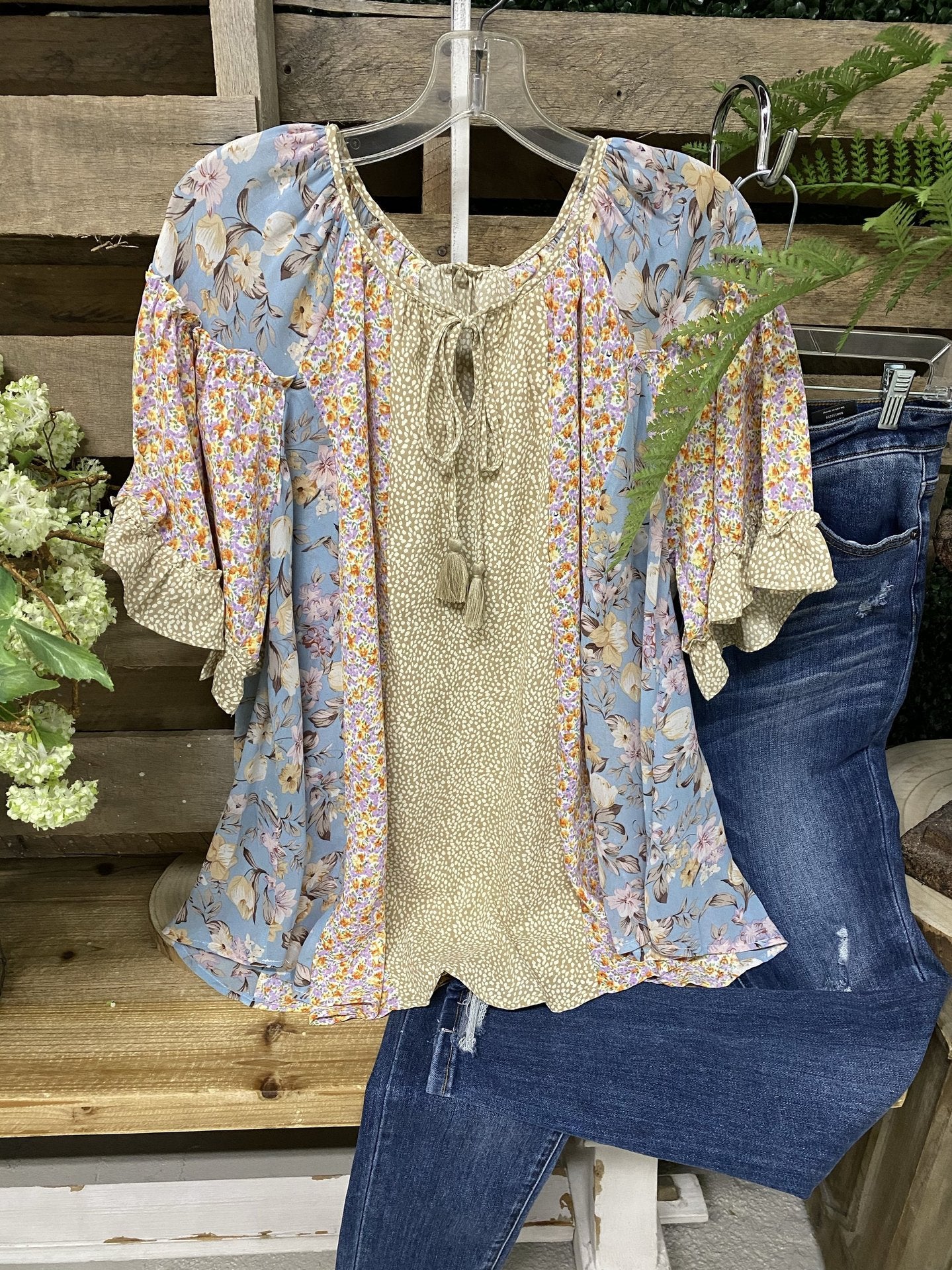 Floral Patchwork Ruffle Edge Sleeve T-shirt