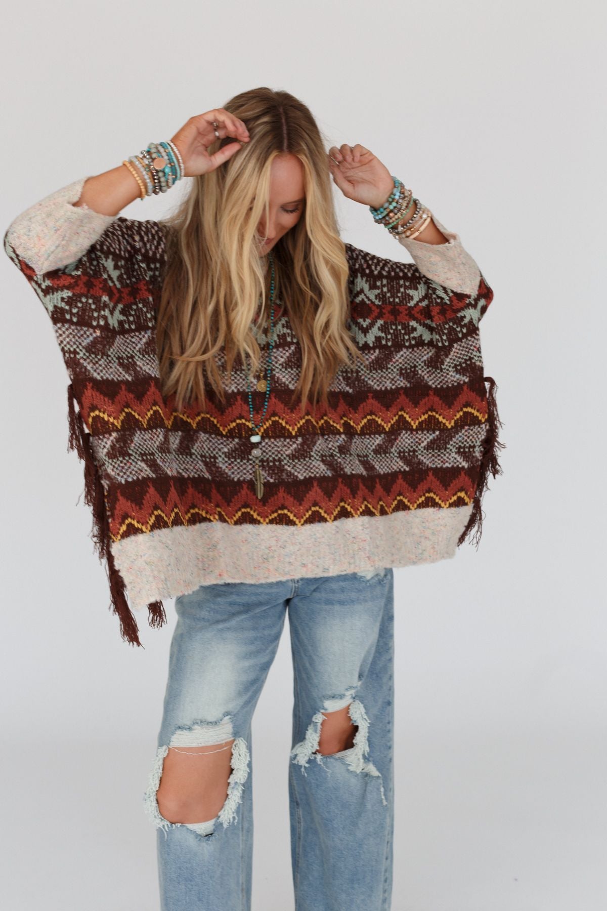 Warm Bohemian Fringe Cape - Brown