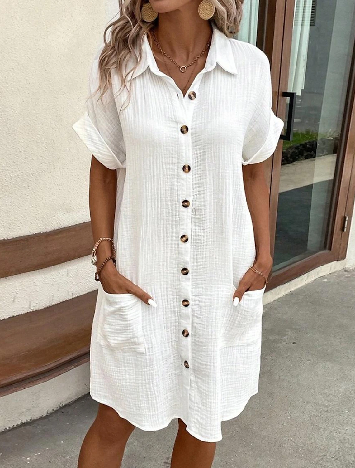 Women’s Cotton-Linen V‑Neck Mini Dress – Casual Fit