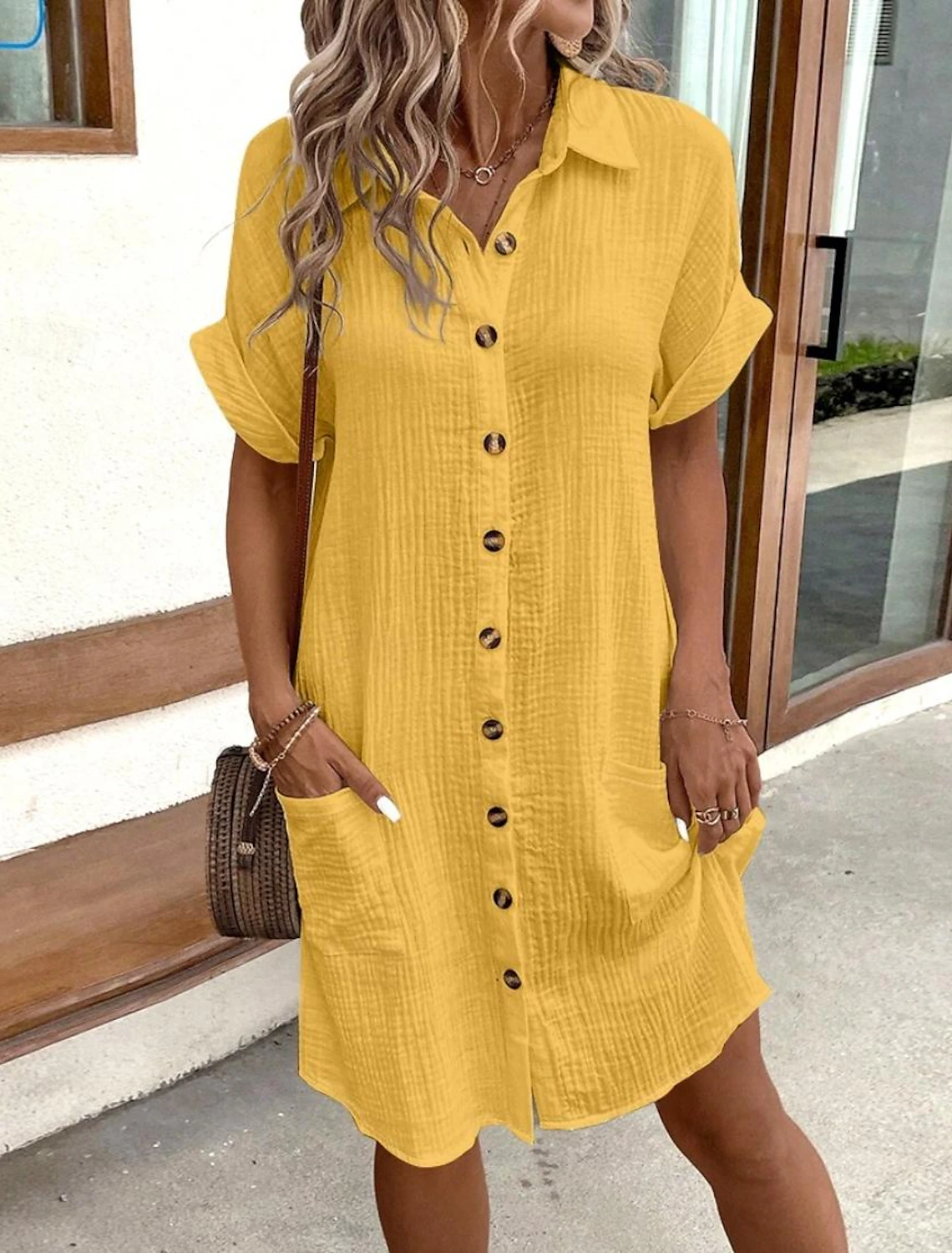 Women’s Cotton-Linen V‑Neck Mini Dress – Casual Fit