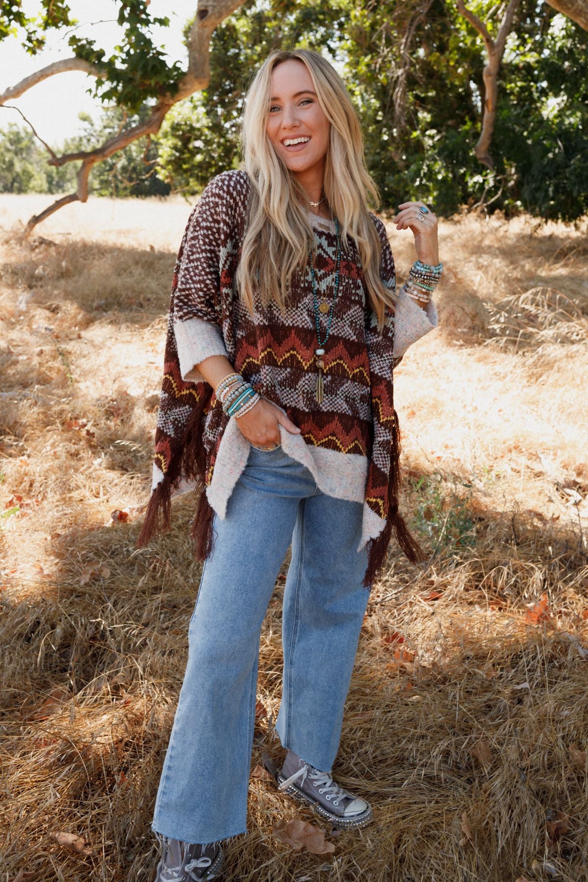 Warm Bohemian Fringe Cape - Brown