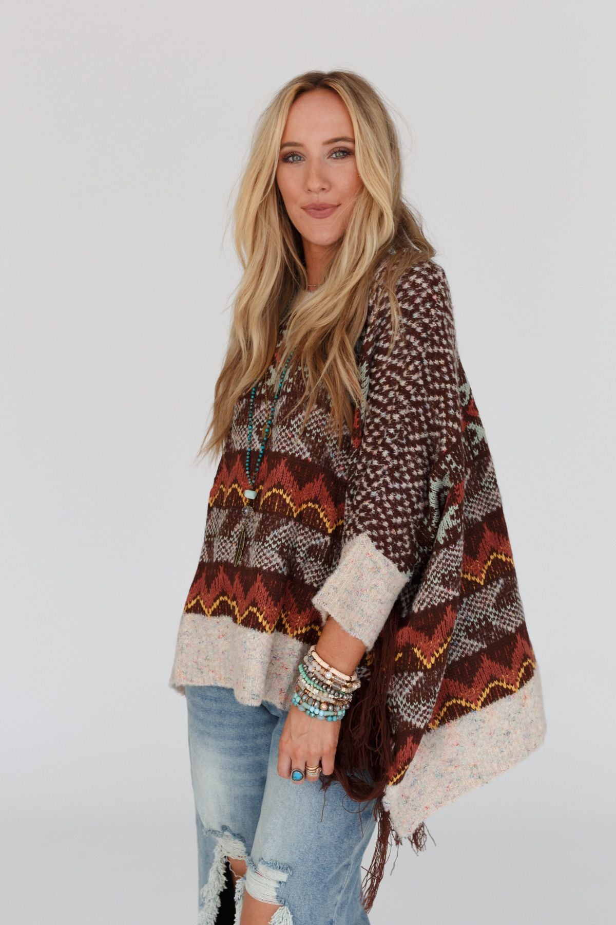 Warm Bohemian Fringe Cape - Brown