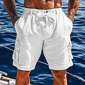 Men's Cargo Shorts Shorts Linen Shorts Summer Shorts Beach Shorts Drawstring Elastic Waist Cargo Pocket Plain Comfort Breathable Knee Length Outdoor Casual Daily Vacation Fashion Black White
