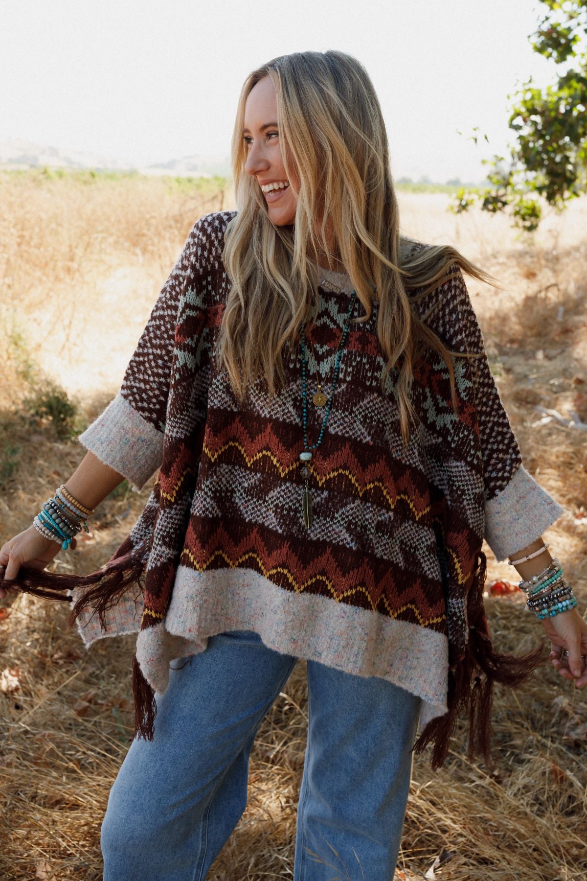 Warm Bohemian Fringe Cape - Brown