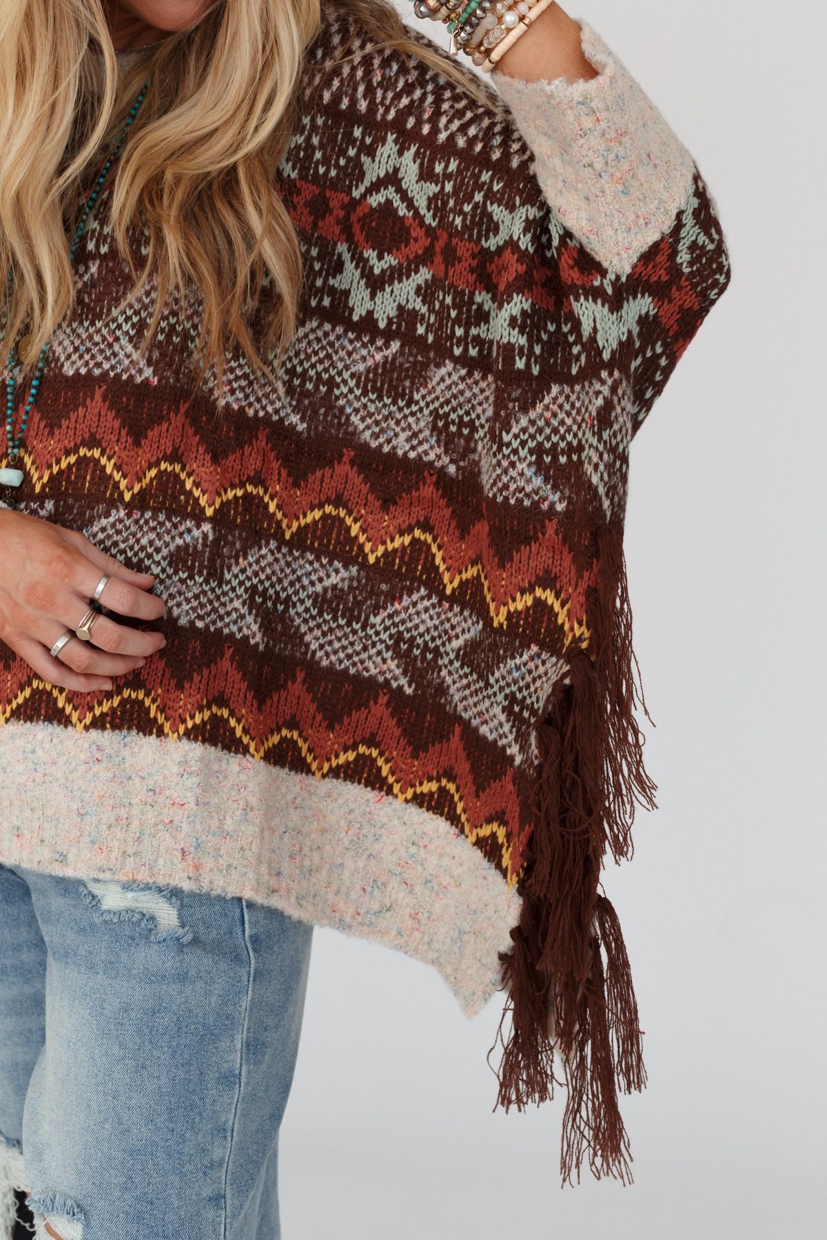 Warm Bohemian Fringe Cape - Brown