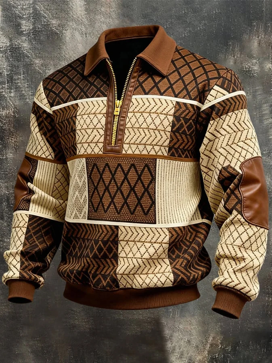 Men's Retro Geometric Print Casual Half-Zip Sweatshirt