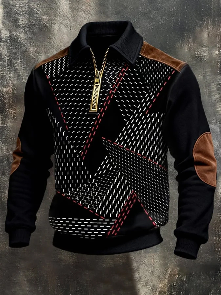 Men's Retro Geometric Print Casual Half-Zip Sweatshirt