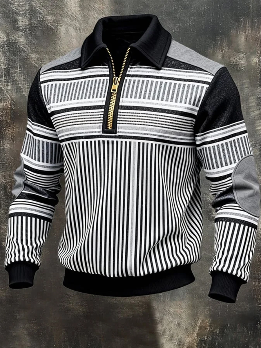 Men's Retro Stripes Print Casual Half-Zip Sweatshirt
