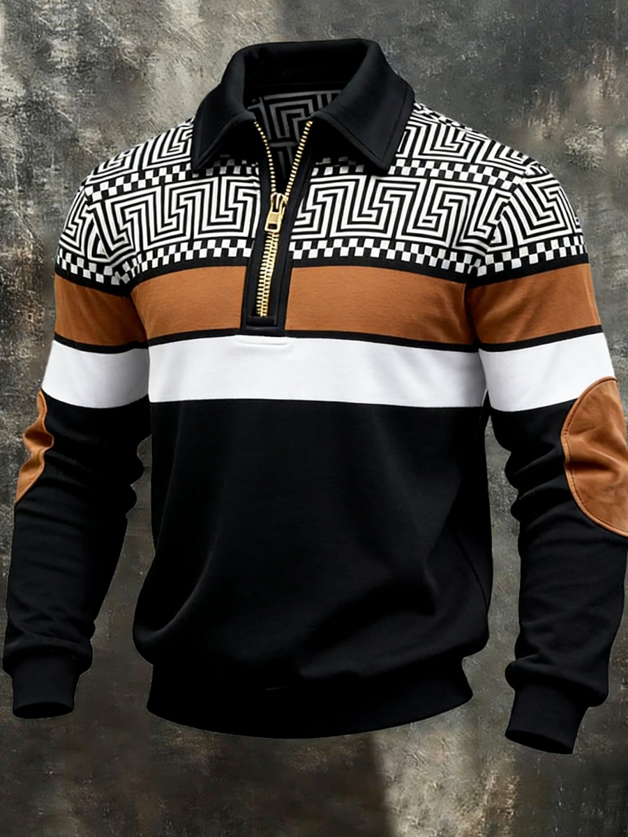 Men's Retro Geometric Colorblock Print Casual Half-Zip Sweatshirt