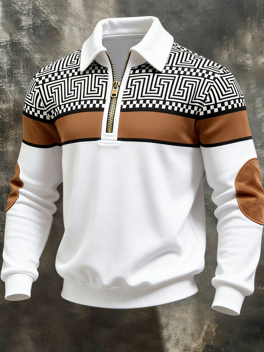 Men's Retro Geometric Colorblock Print Casual Half-Zip Sweatshirt