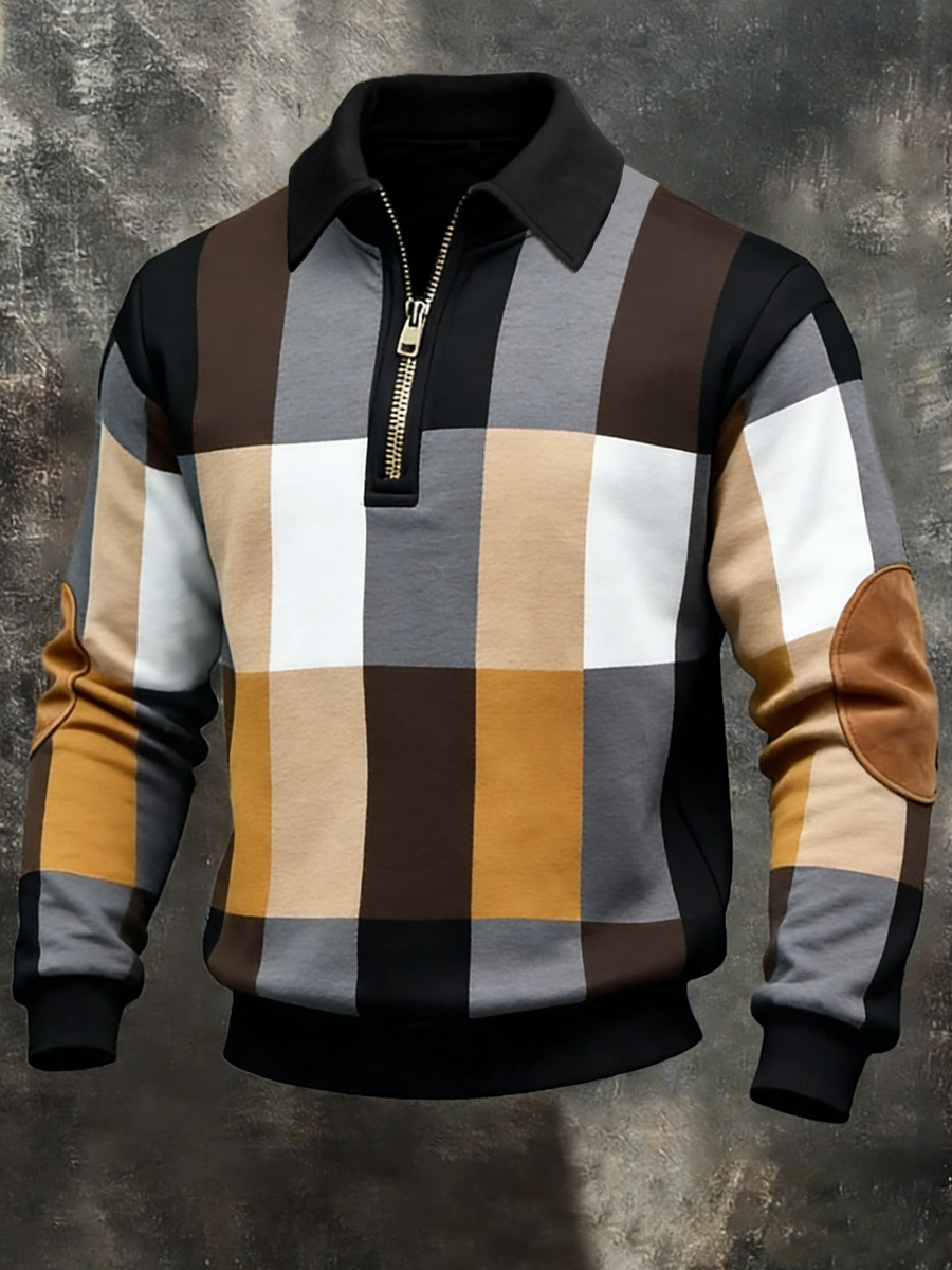 Men's Retro Geometric Colorblock Print Casual Half-Zip Sweatshirt