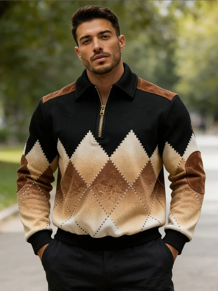 Men's Retro Geometric Print Casual Half-Zip Sweatshirt