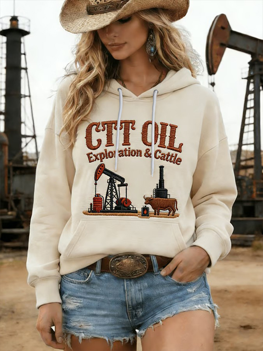 Women's Retro CTT Oil Exploration & Cattle Print Casual Hoodie