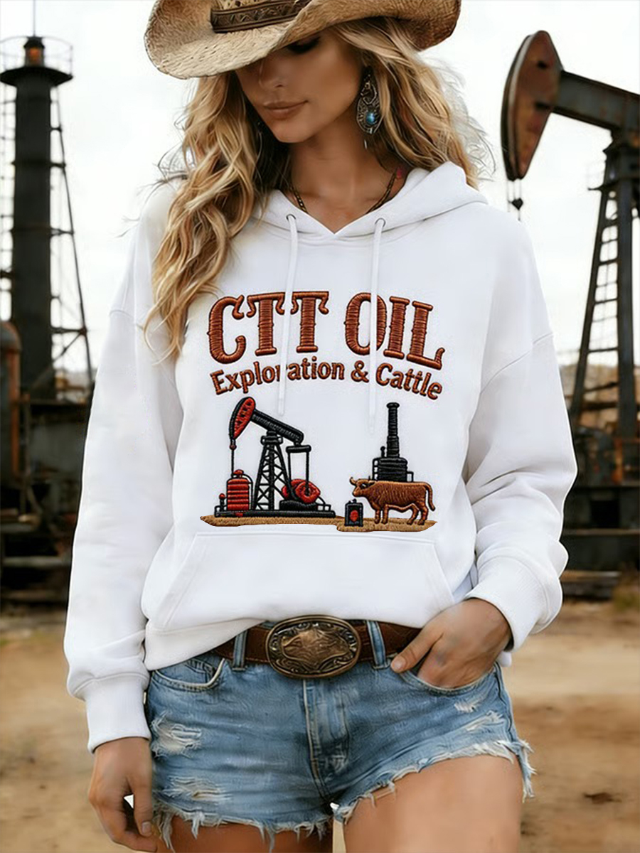 Women's Retro CTT Oil Exploration & Cattle Print Casual Hoodie