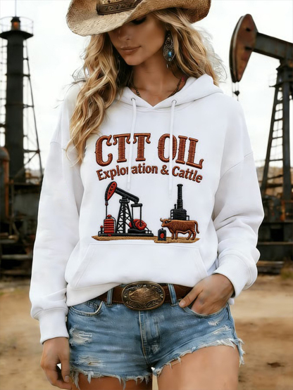 Women's Retro CTT Oil Exploration & Cattle Print Casual Hoodie