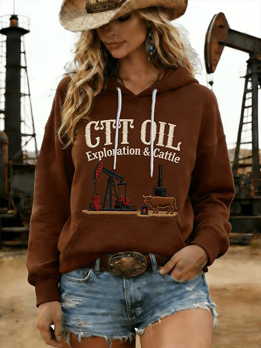 Women's Retro CTT Oil Exploration & Cattle Print Casual Hoodie