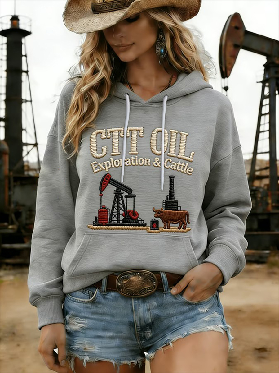 Women's Retro CTT Oil Exploration & Cattle Print Casual Hoodie