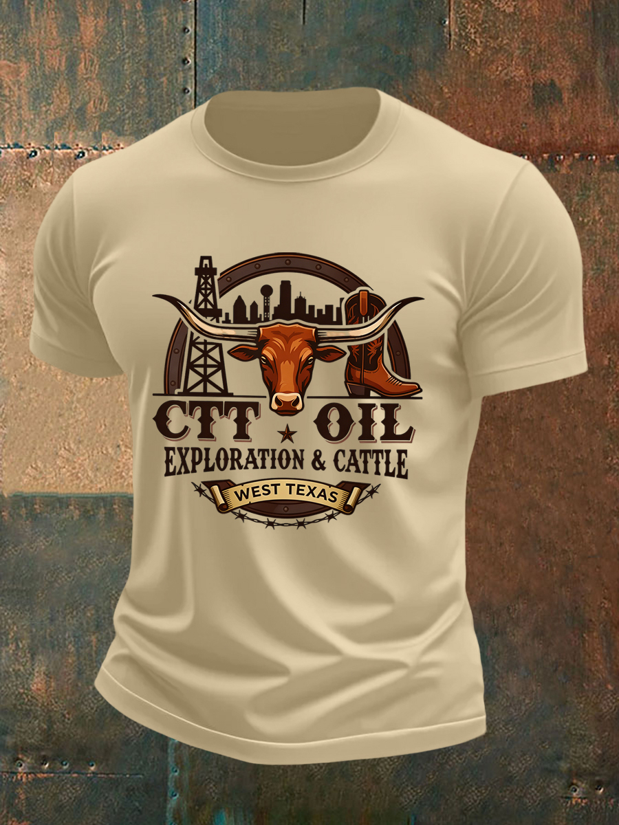 Men's Retro CTT Oil Exploration & Cattle Print Casual Tee 
