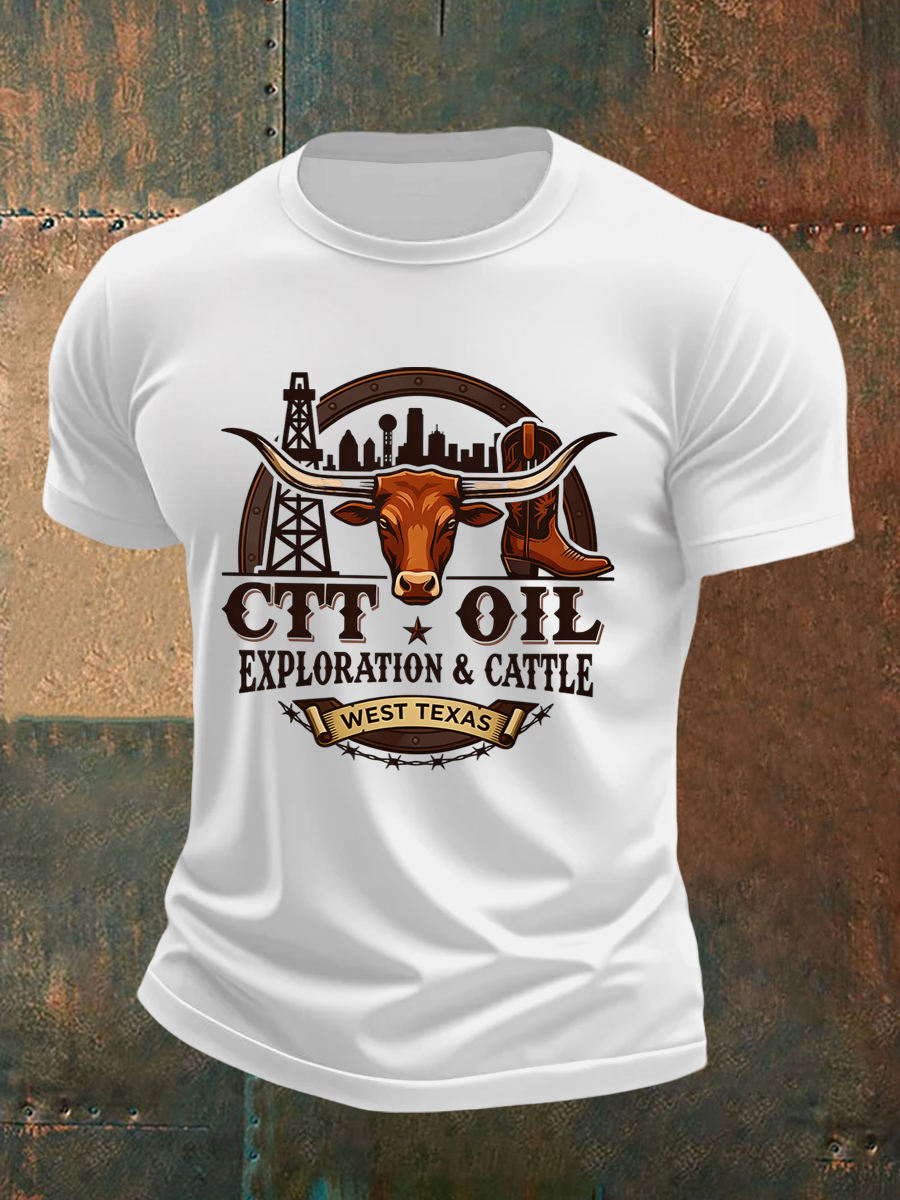 Men's Retro CTT Oil Exploration & Cattle Print Casual Tee 