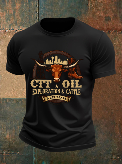 Men's Retro CTT Oil Exploration & Cattle Print Casual Tee 