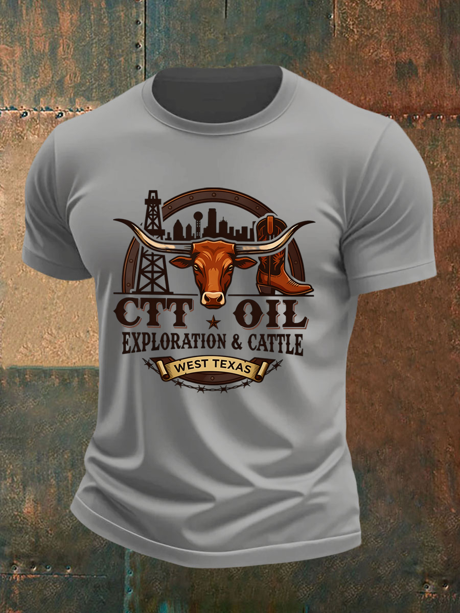Men's Retro CTT Oil Exploration & Cattle Print Casual Tee