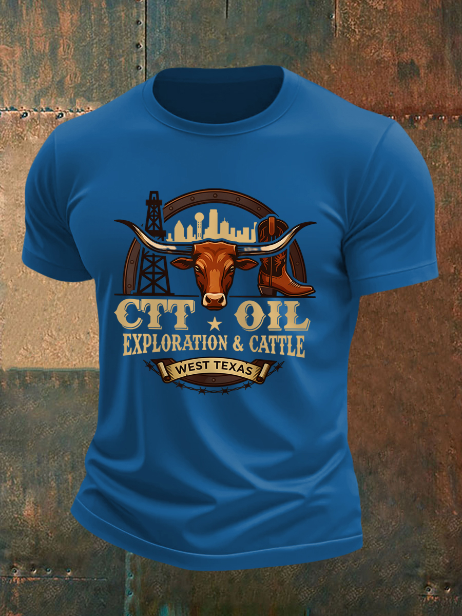 Men's Retro CTT Oil Exploration & Cattle Print Casual Tee 