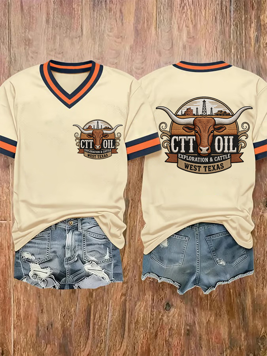 Women's Retro CTT Oil Exploration & Cattle Print Casual V-Neck Tee