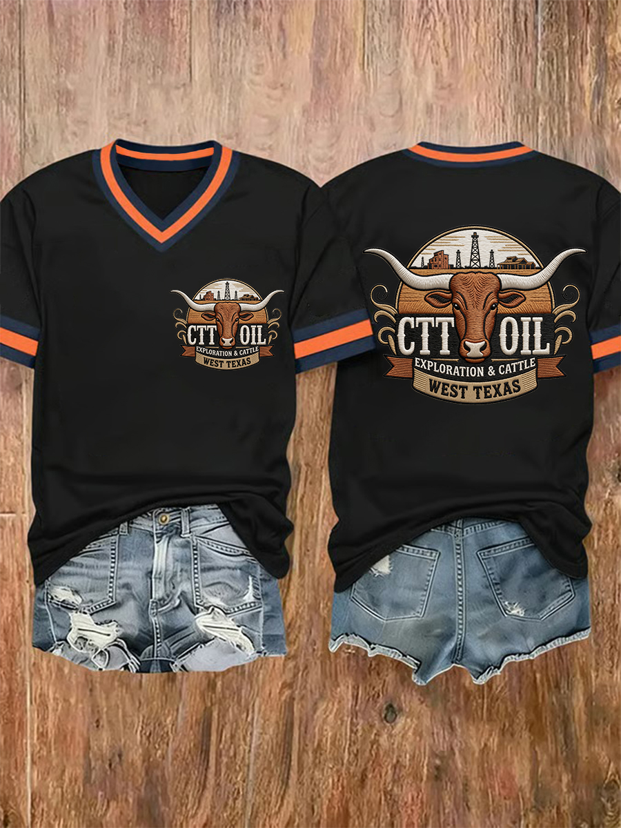 Women's Retro CTT Oil Exploration & Cattle Print Casual V-Neck Tee