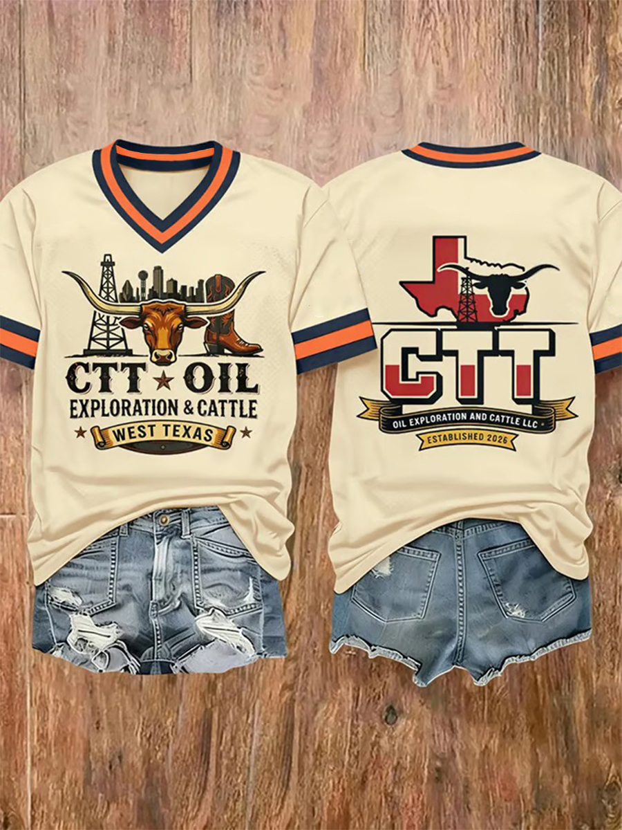 Women's Retro CTT Oil Exploration & Cattle Print Casual V-Neck Tee