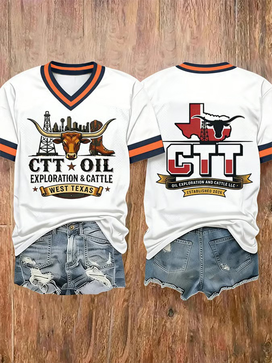 Women's Retro CTT Oil Exploration & Cattle Print Casual V-Neck Tee