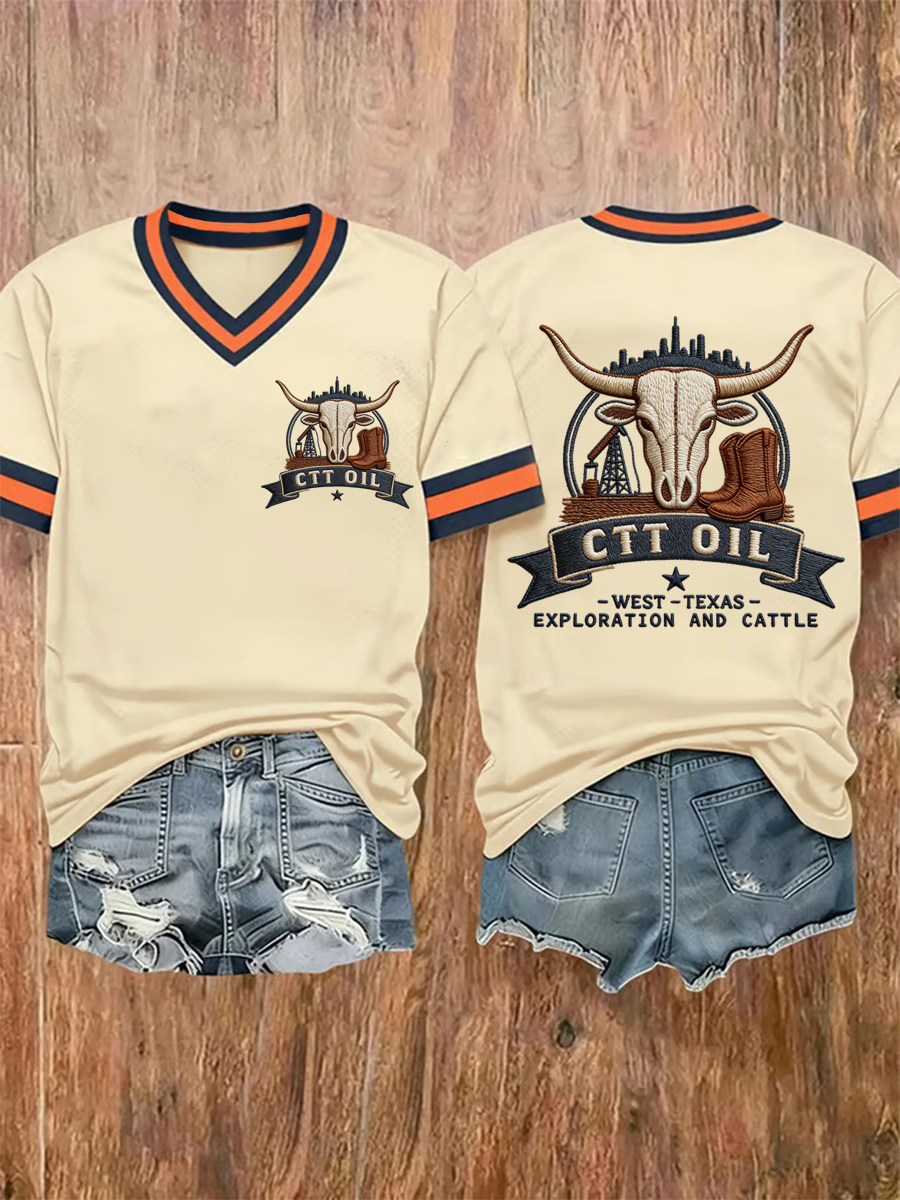 Women's Retro CTT Oil Exploration & Cattle Print Casual V-Neck Tee