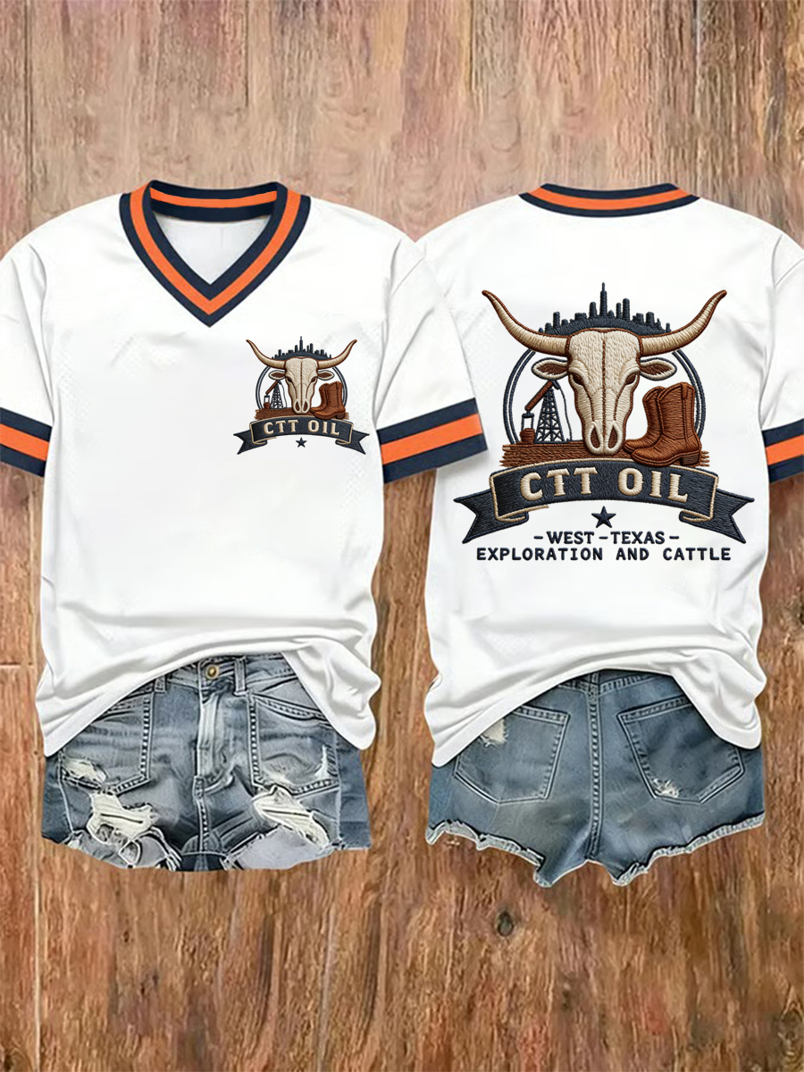 Women's Retro CTT Oil Exploration & Cattle Print Casual V-Neck Tee