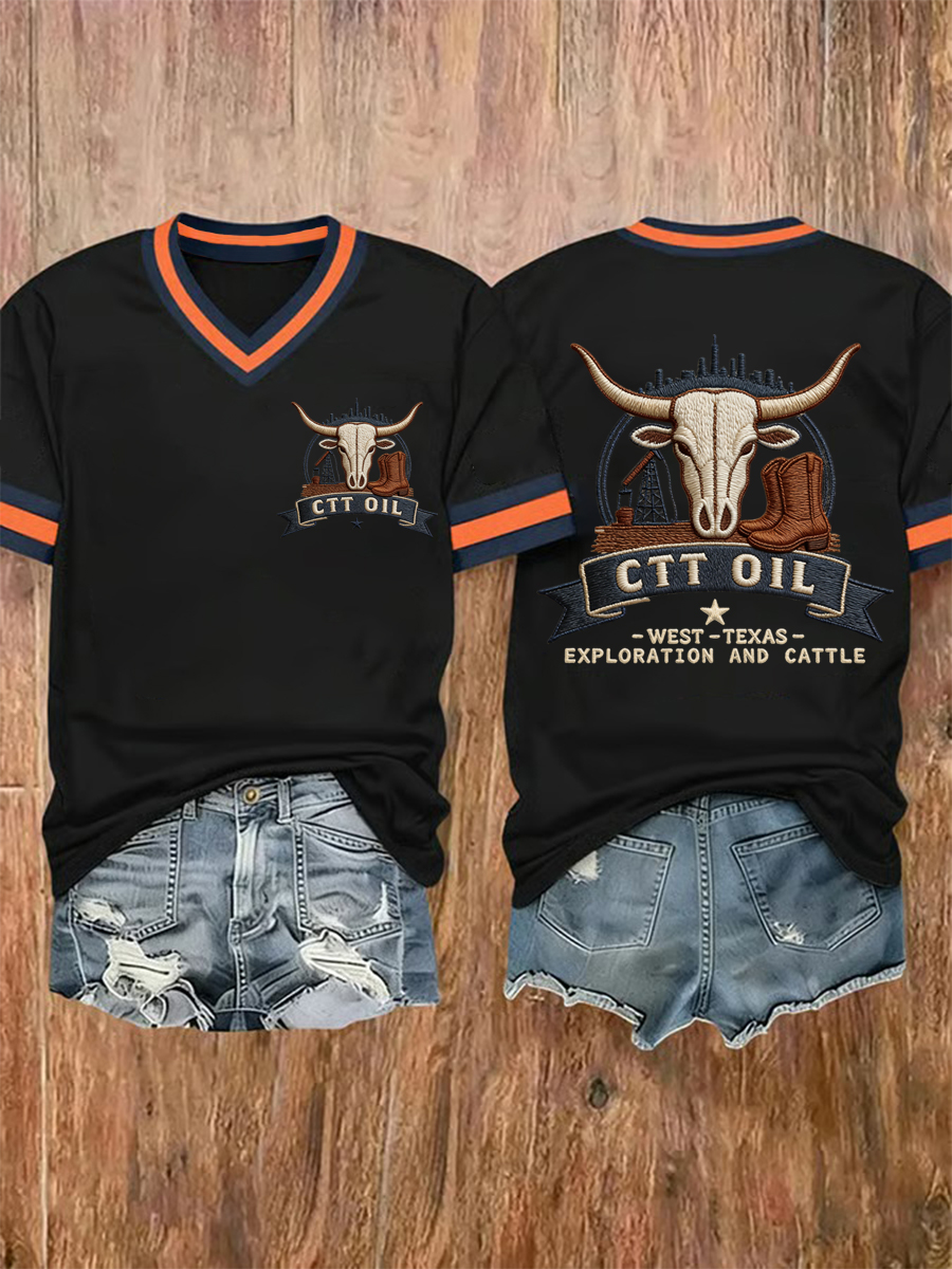 Women's Retro CTT Oil Exploration & Cattle Print Casual V-Neck Tee