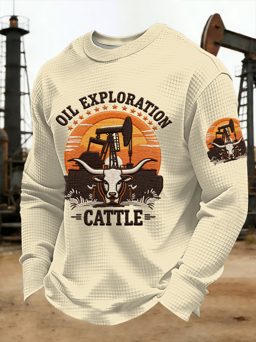 Men's Retro CTT Oil Exploration & Cattle Print Casual Waffle Long Sleeve T-Shirt