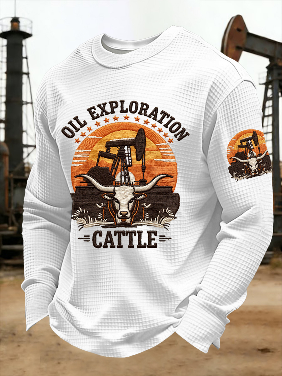Men's Retro CTT Oil Exploration & Cattle Print Casual Waffle Long Sleeve T-Shirt